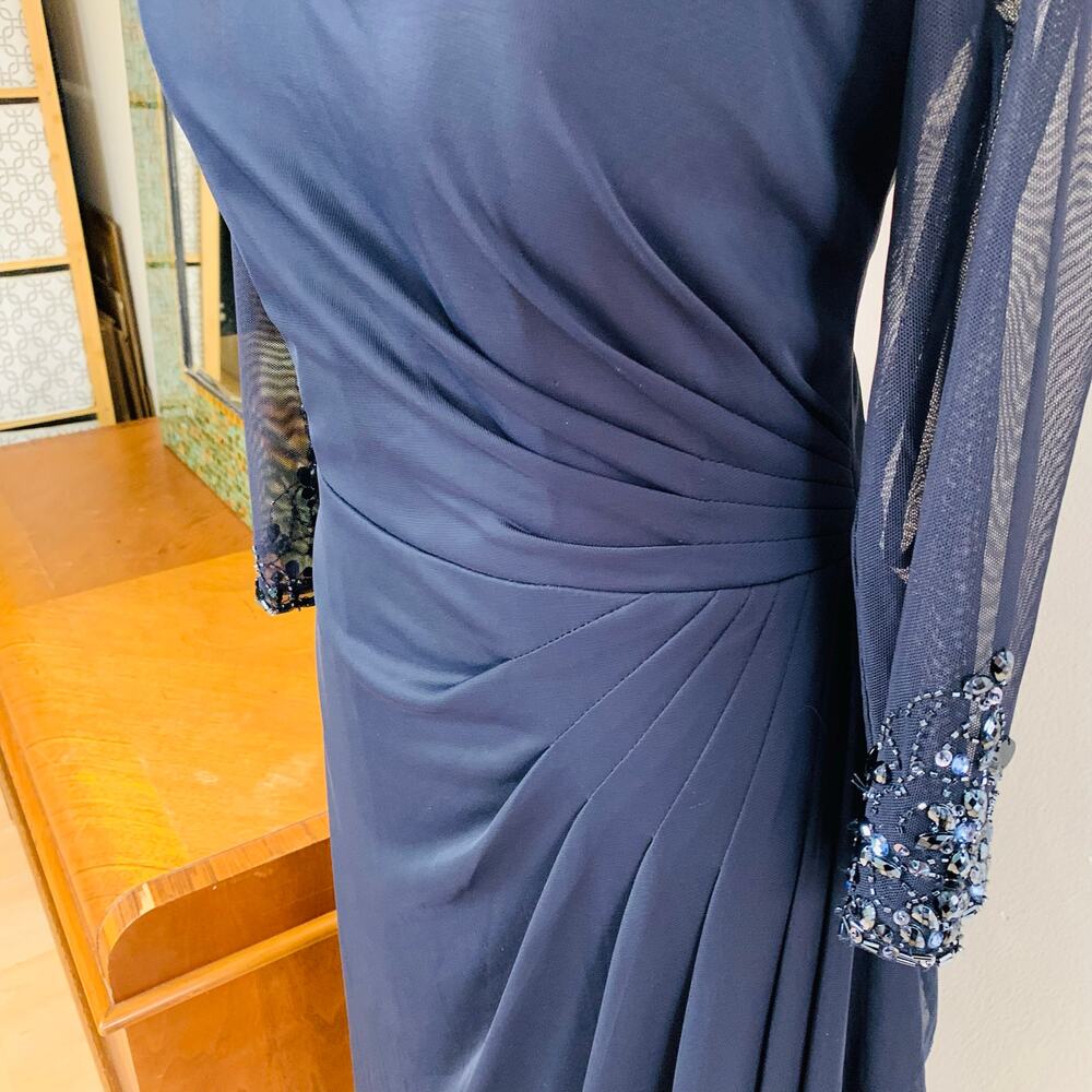 Patra Size 10 Illusion Jeweled Neck Draped Gown Dress Navy Blue Wedding Cocktail - Picture 5 of 14